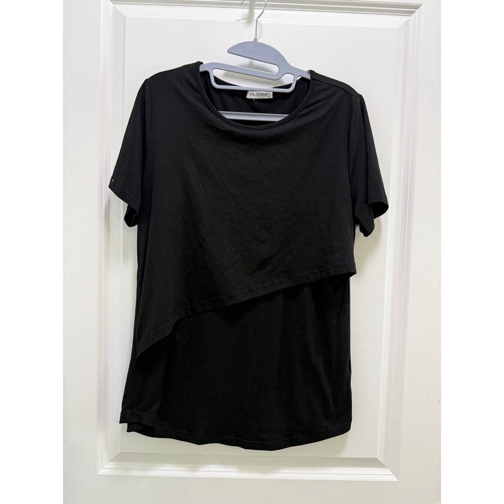 Ekouaer Womens Nursing Top Black Short Sleeve Double Layer Maternity Shirt M